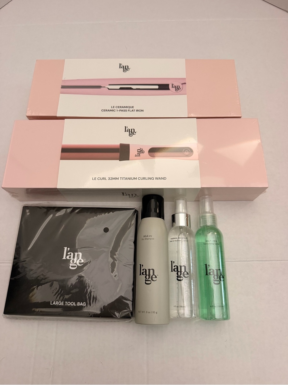 Lange Pink Ceramic Flat Iron & Curling Wand Set with Styling Trio